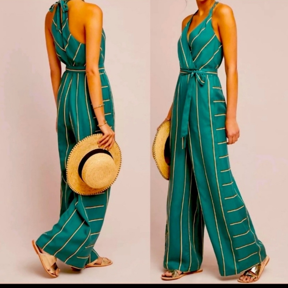 Ett Twa by Anthropologie Portsmouth Belted Green Striped Jumpsuit